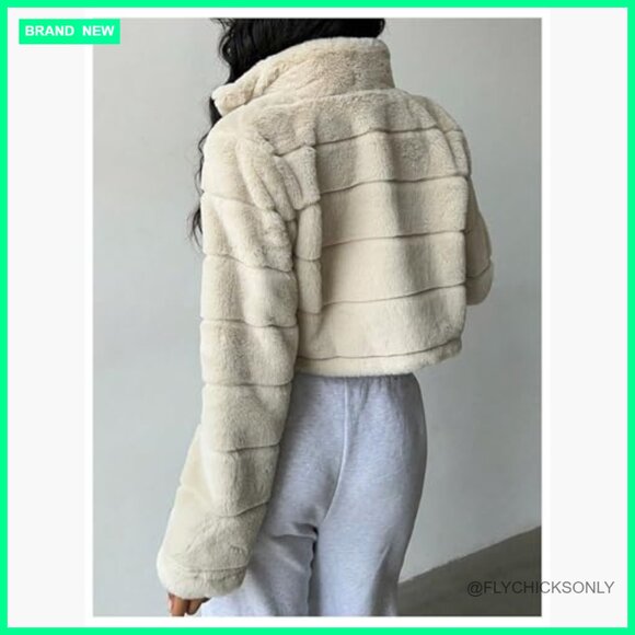 Faux Fur Cropped Jacket Long Sleeve Winter Outerwear - Picture 2 of 6